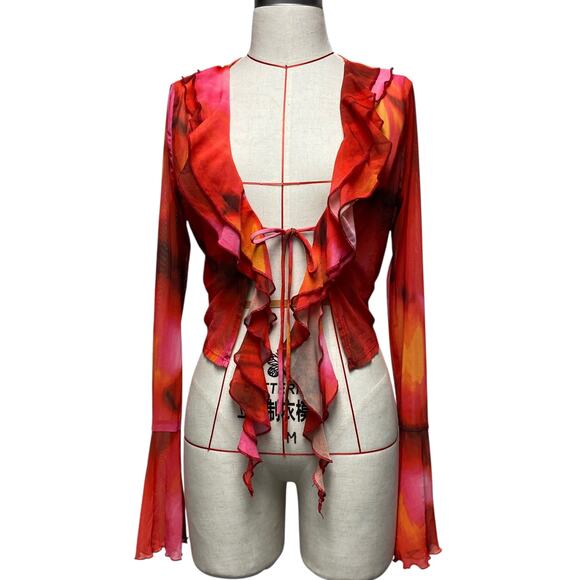 Vintage Windsor Womens Size L Printed Mesh Tie Front Ruffle Y2K Cardigan - Picture 2 of 9